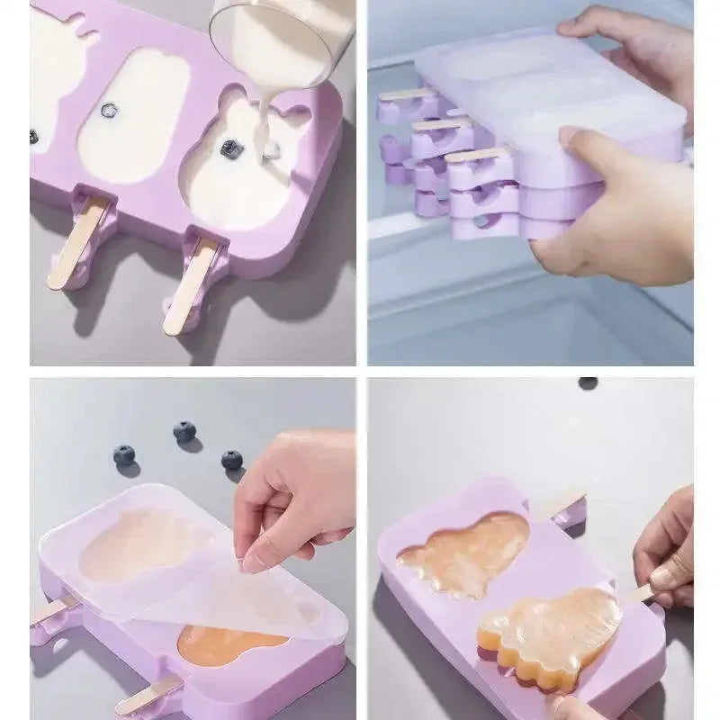 2pc Silicone Ice Cream Mold Popsicle Siamese Molds with Lid DIY Homemade Ice Lolly Mold Cartoon Cute  Handmade Kitchen Tools
