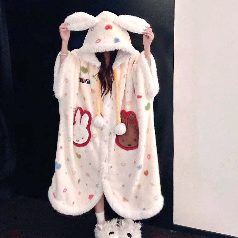 Kawaii Miffy Bunny Plush Hooded Sleepwear Thickened Velvet Fleece Women Cozy Home Wear Nightgown Outwear Thermal Capable Pajama