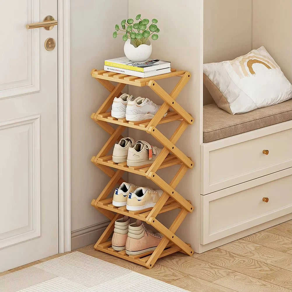 Folding Bamboo Shoe Rack, Multi-Layer Narrow Space Saving Storage Organizer No-Installation Required Shoe Shelf for Small Spaces