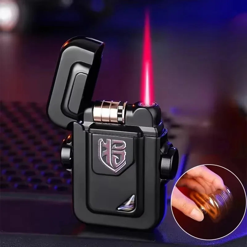 2024 Metal Mecha Gyro Windproof Red Flame Gas Lighter Natural Shell Decoration Roller Battery Ignition Electric Lighters Smoking