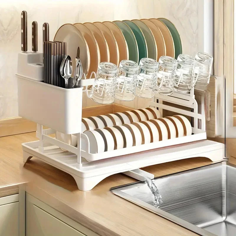 Home Household Under-Sink Organizer 2 Tier 360° Swivel Dish Drying Rack with Drainboard Utensil Holder No-Drill Metal Secondary image