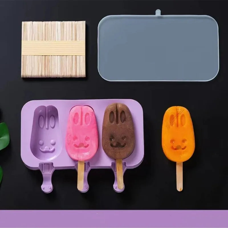 2pc Silicone Ice Cream Mold Popsicle Siamese Molds with Lid DIY Homemade Ice Lolly Mold Cartoon Cute  Handmade Kitchen Tools