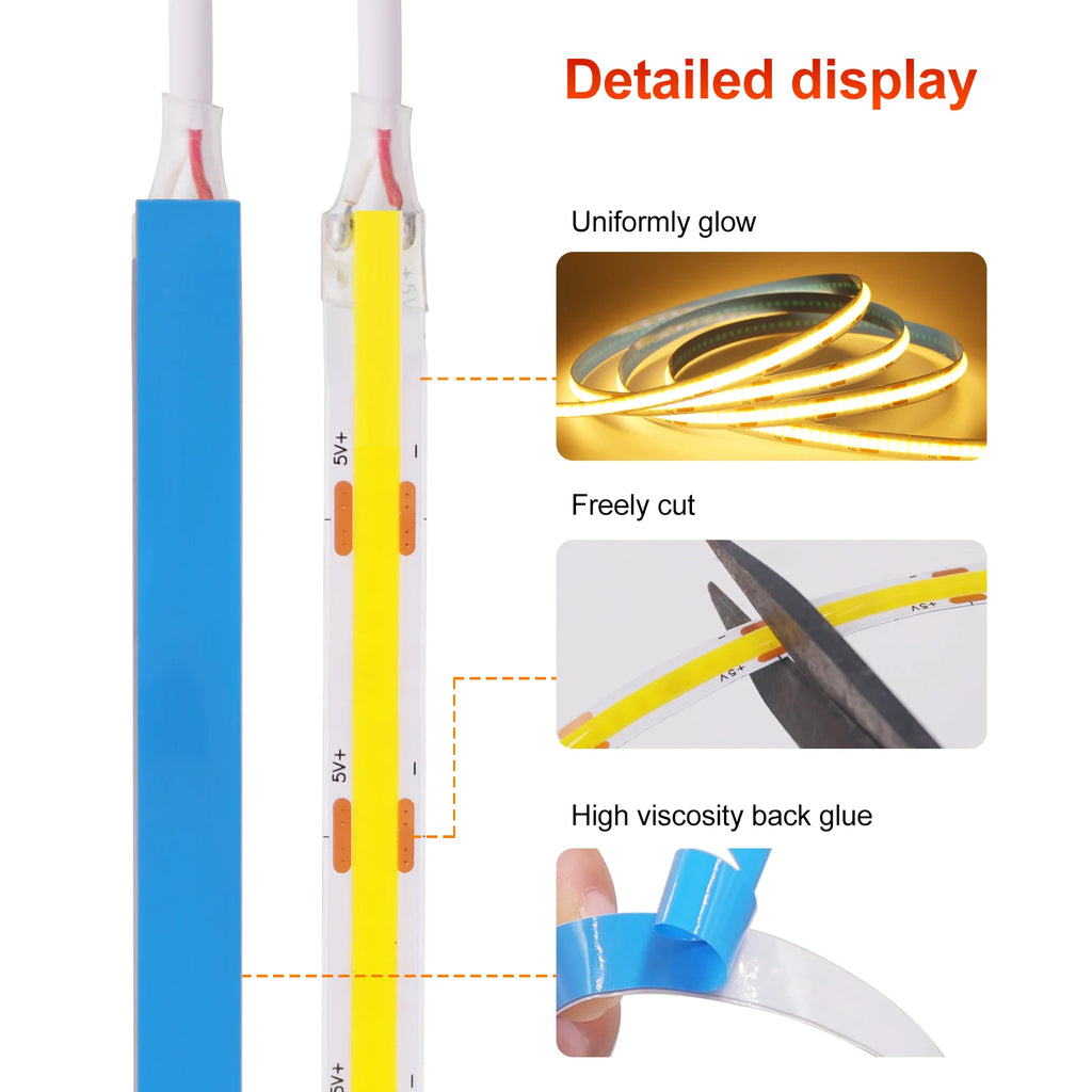 Dimmable COB LED Strip Light 5V USB Flexible LED Tape with ON OFF Switch 320LEDs High Density Linear Lighting with Adhesive Tape