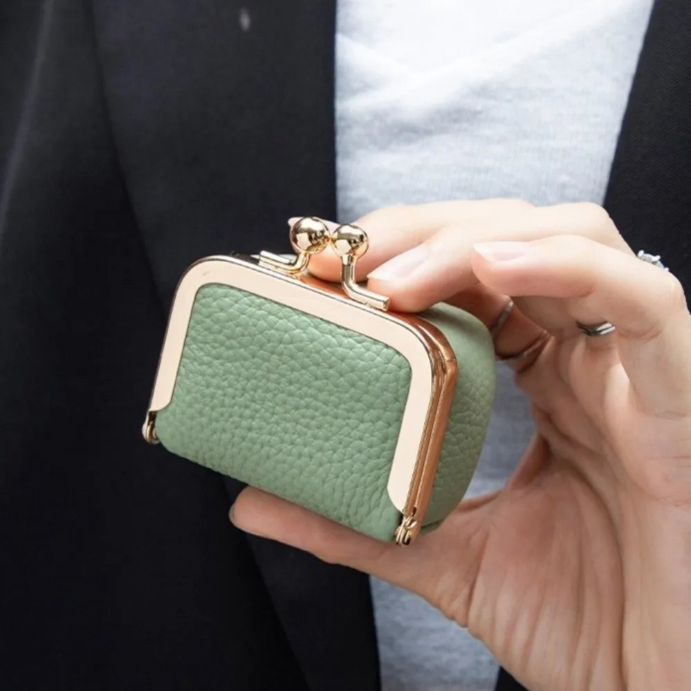 Wallet Genuine Leather Kiss Lock Coin Purse Solid Color Square Leather Jewelry Bag Multifunctional Mini Small Item Bag Earrings Secondary image