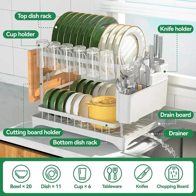Home Household Under-Sink Organizer 2 Tier 360° Swivel Dish Drying Rack with Drainboard Utensil Holder No-Drill Metal