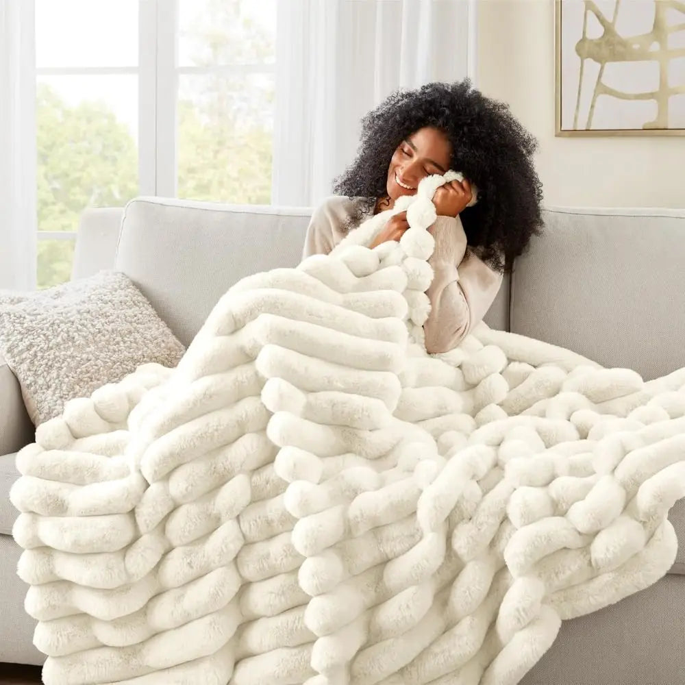 Ultra Soft Faux Rabbit Fur Throw Blanket Warm Plush Striped Blankets Conditioning Quilt Fluffy Throws for Couch Chair Sofa Main image