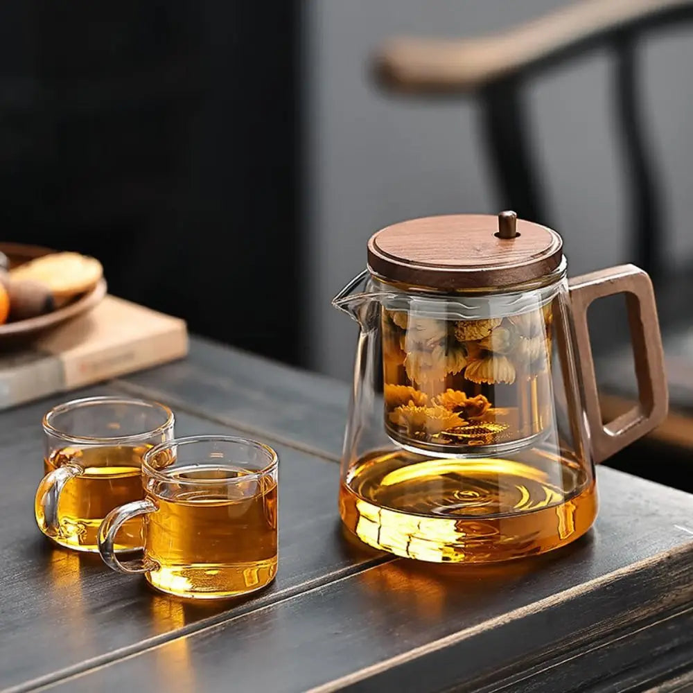 Creative Tea separation Glass Teapot Heat Resistant 650ML Lazy Kungfu Drip Teapot Tea Water Separation with Wooden Handle