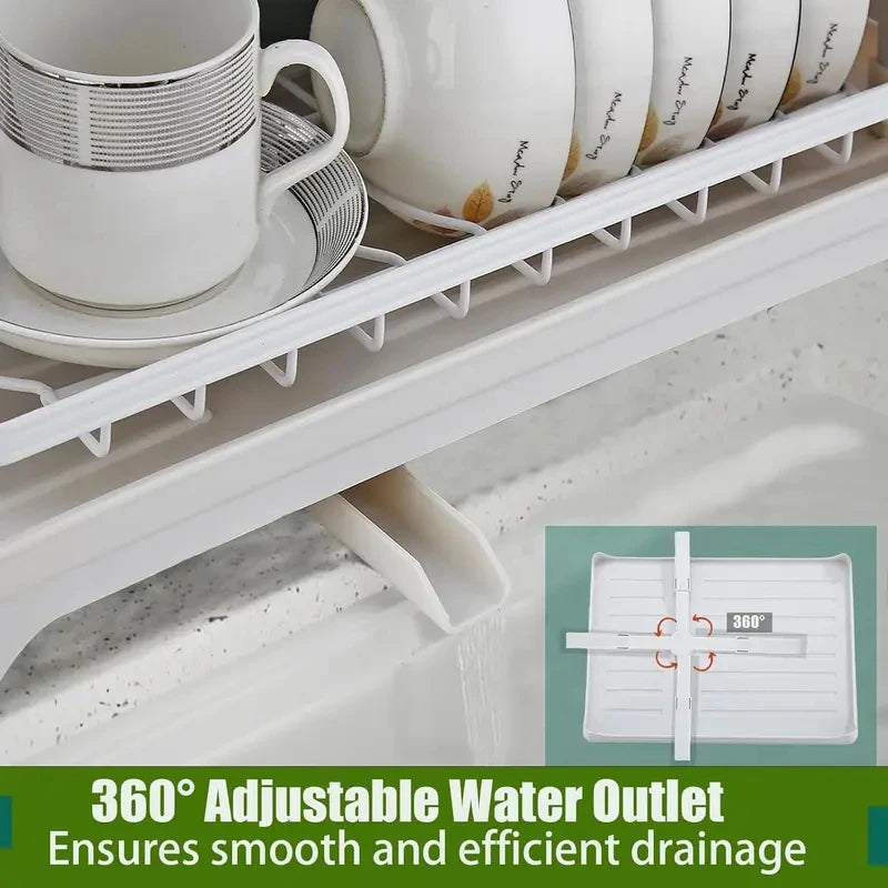 Home Household Under-Sink Organizer 2 Tier 360° Swivel Dish Drying Rack with Drainboard Utensil Holder No-Drill Metal