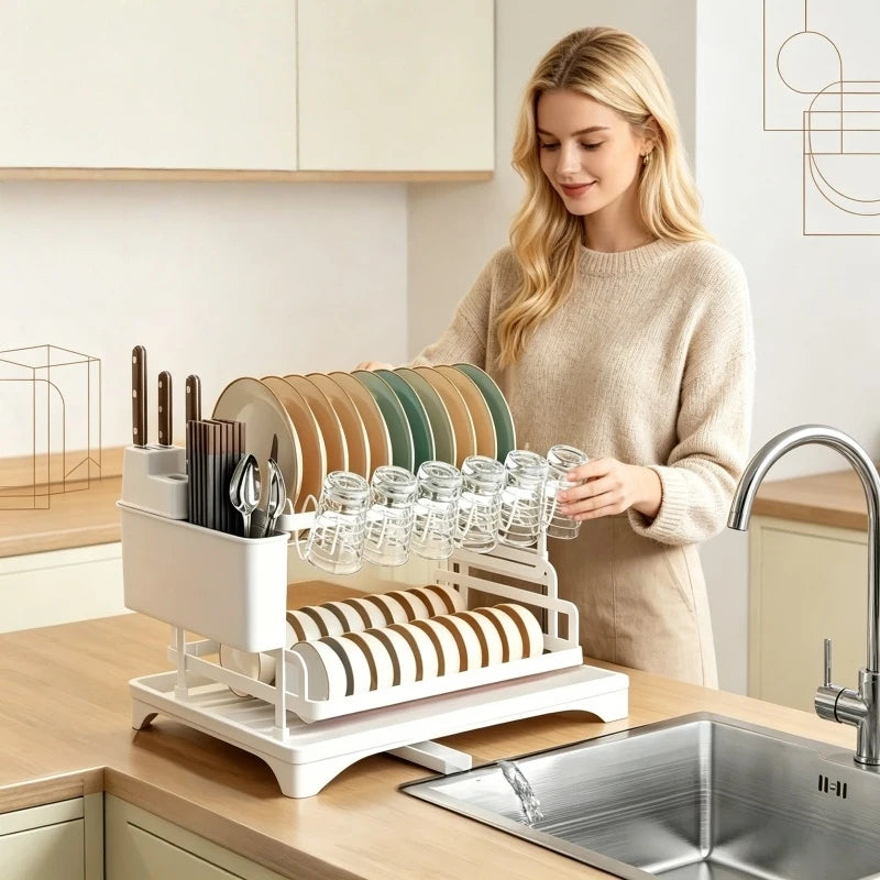 Home Household Under-Sink Organizer 2 Tier 360° Swivel Dish Drying Rack with Drainboard Utensil Holder No-Drill Metal
