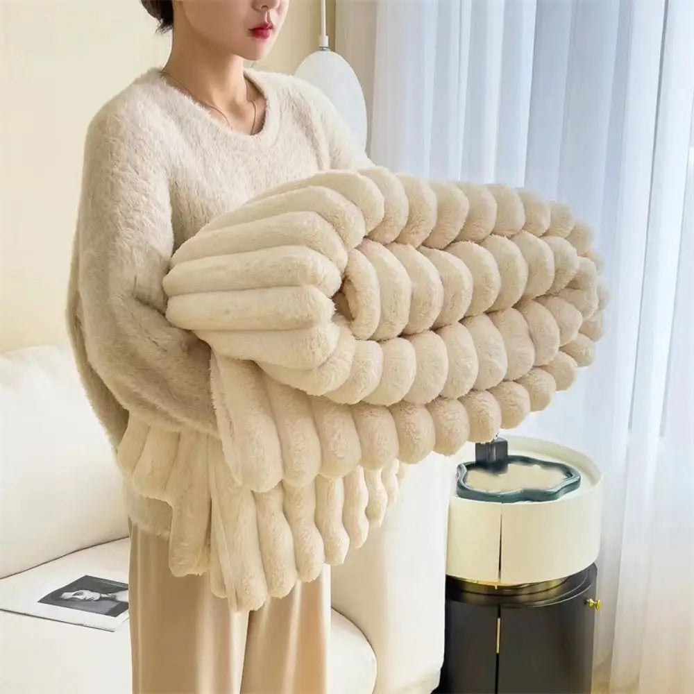 Ultra Soft Faux Rabbit Fur Throw Blanket Warm Plush Striped Blankets Conditioning Quilt Fluffy Throws for Couch Chair Sofa Secondary image