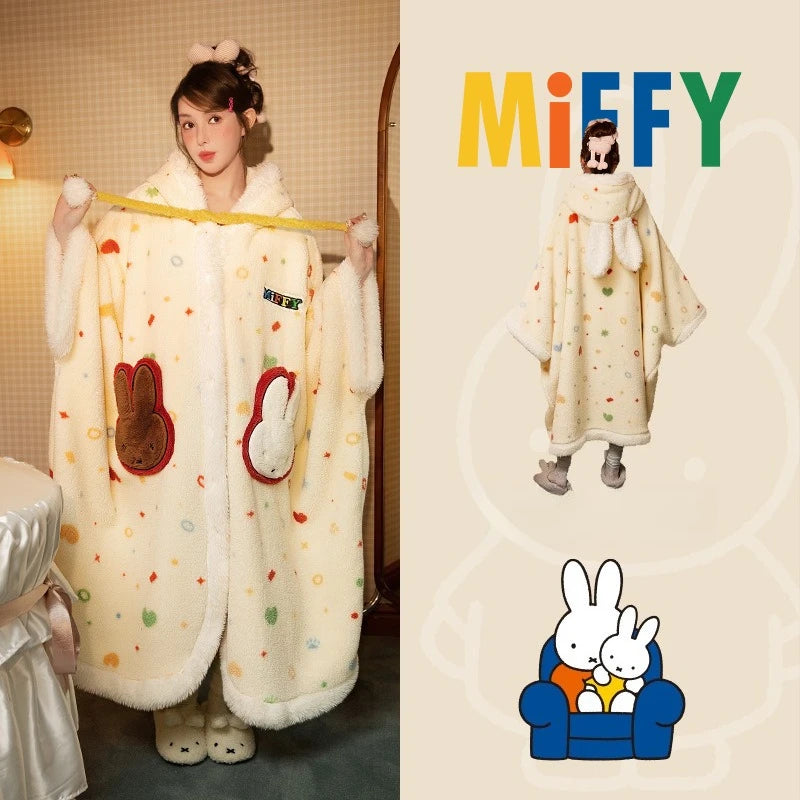 Kawaii Miffy Bunny Plush Hooded Sleepwear Thickened Velvet Fleece Women Cozy Home Wear Nightgown Outwear Thermal Capable Pajama Secondary image